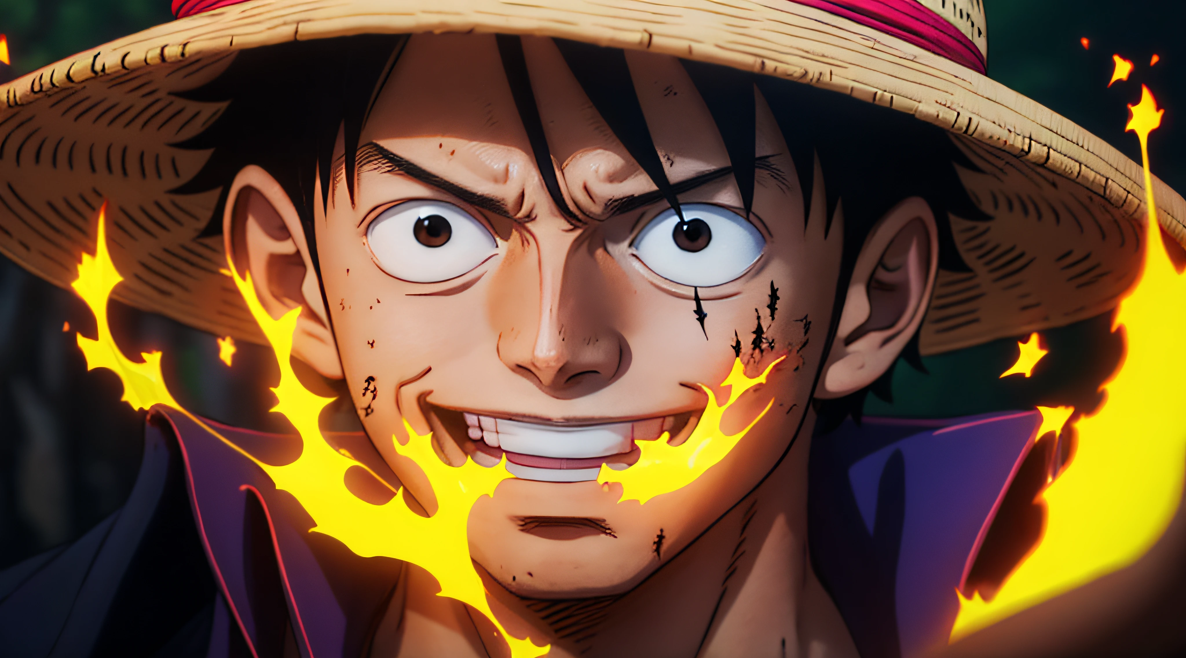 1boy, wanostyle, monkey d luffy, smiling, straw hat, looking at viewer, solo, upper body, ((masterpiece)), (best quality), (extremely detailed), depth of field, sketch, dark intense shadows, sharp focus, soft lighting, hdr, colorful, good composition, fire all around, spectacular, closed shirt, anime screencap, scar under eye, ready to fight, black eyes