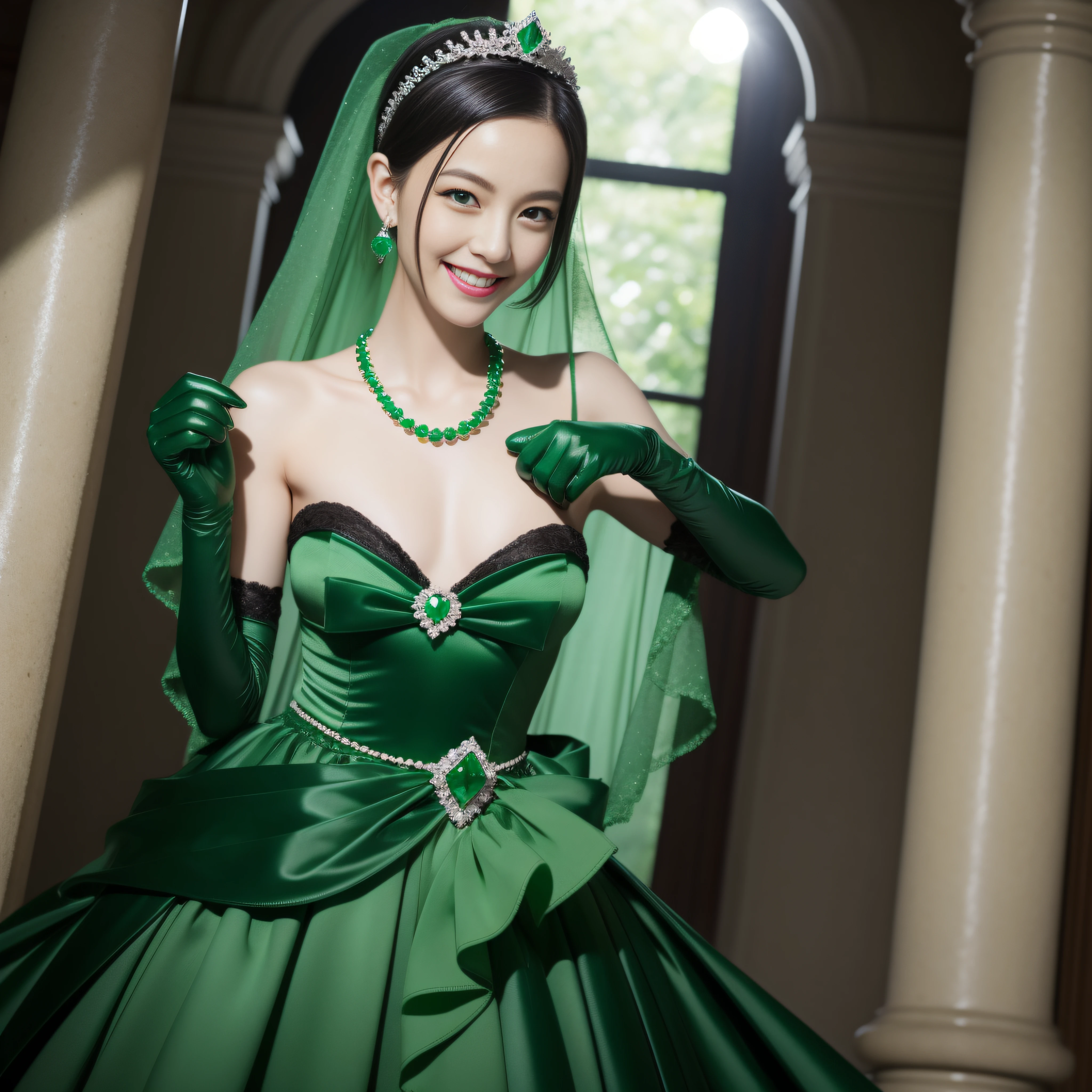 emerald tiara, Green Pearl Necklace, Boyish very short black hair, lipsticks, Japan woman smiling, Long green gloves made of satin material, very short short hair, Guts Pose, Green eyes