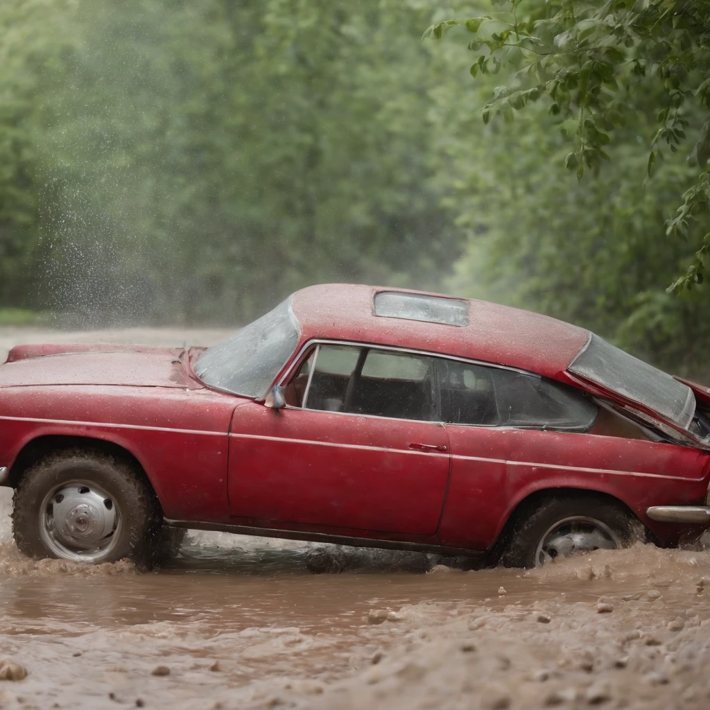 A car on its side, half dirty and the other clean, soapy water falling in the middle, red car, no background, realistic image, full HD.