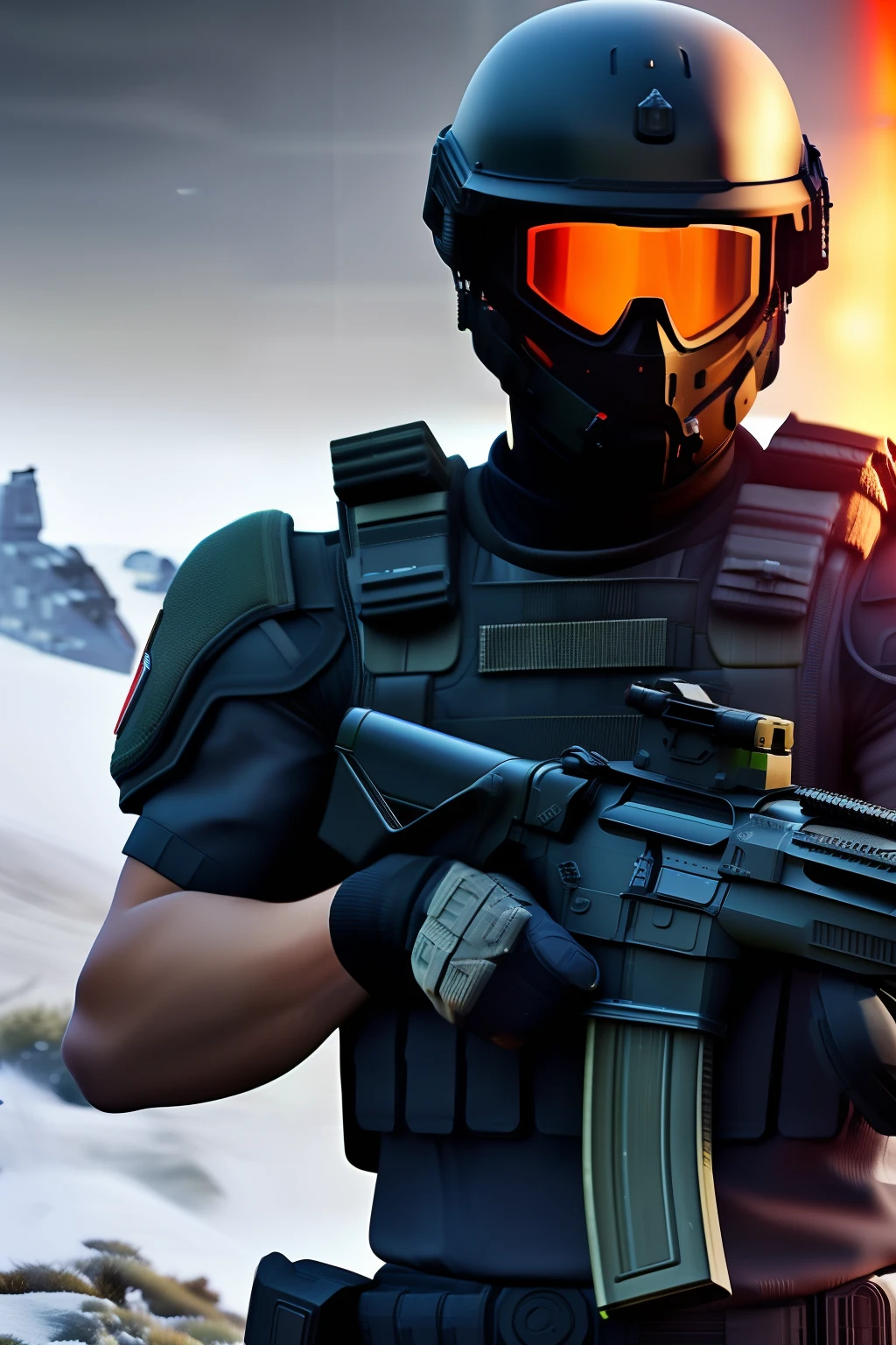 (tactical soldier, male:black suit:1.1,walking ahead:1.1,light equipment,slightly futuristic:1.1,hyper realistic:1.2,4k,cinematic)
# Prompt
A tactical soldier is walking ahead confidently. He is dressed in a slightly futuristic black suit that accentuates his strong and powerful physique. The soldier carries light equipment that enhances his combat capabilities. His intense gaze and focused expression show his determination and readiness for any challenge.
The scene is captured in stunning 4k resolution, ensuring the best quality and clarity. The hyper-realistic details in the soldier's appearance bring out every texture and nuance, making him look incredibly lifelike. The lighting creates a cinematic atmosphere, with shadows adding depth to the overall composition.
The black suit worn by the soldier reflects the futuristic nature of the setting, giving him a sleek and modern appearance. The equipment he carries is designed with advanced technology and functionality, further enhancing his tactical advantage.
He has a sleek, small but powerful assault rifle.
The environment surrounding the soldier is slightly futuristic, with elements that indicate advancements in technology. The backdrop portrays a dark mountain range with hints of snow, adding a touch of desolation to the scene. The combination of the soldier's confident stride and the serene landscape creates a captivating visual narrative.
Overall, this prompt aims to generate a highly detailed and cinematic image of a tactical soldier in a slightly futuristic setting. The emphasis on realism and high-quality visuals enhances the immersive experience, drawing the viewer into the world of the soldier's mission.