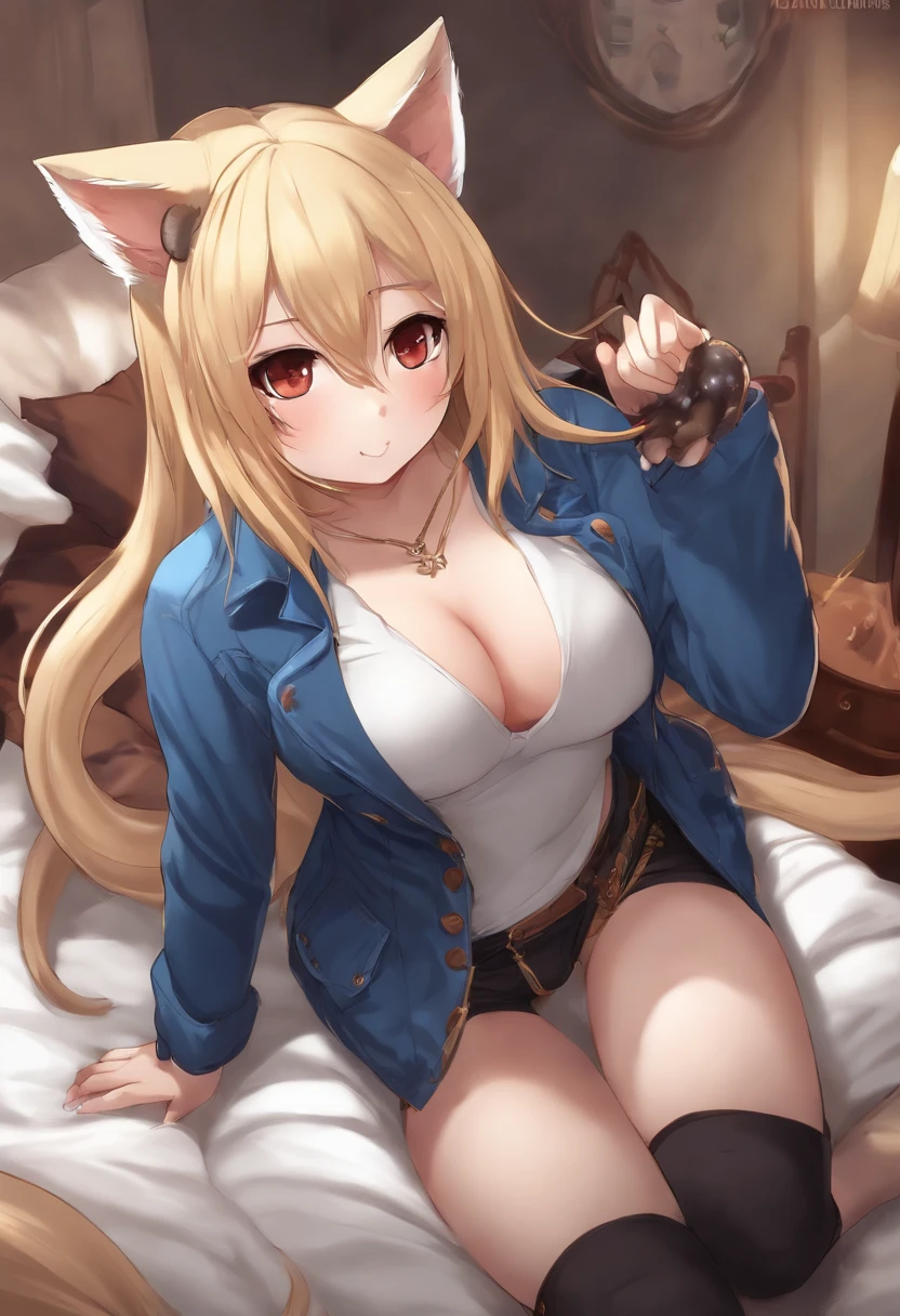 Sexy woman, blue fur jacket over white t shirt, medium chest, black denim shortpants and kneehighsocks, wide hips, absolutely gorgeous, anime catgirl wit h catears and tail,showing ass to camara, hourglass body shape, seductive kissing, playing with , eating and licking ass, grabbing ass, playing with a dildoanime catgirl being attacked by tentacles, nsfw, hentai, sex, facial, sucking/licking,cum blonde long hair, red eyes,