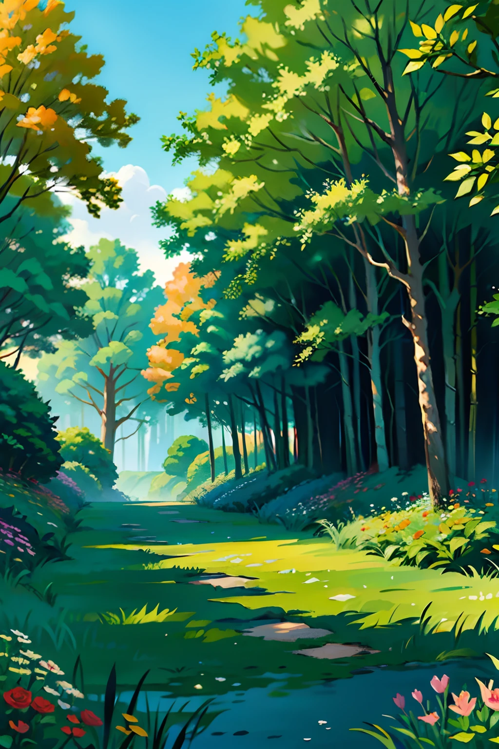 A painting of a summertime landscape, green trees, green grass, a big rose bush, daytime light.
