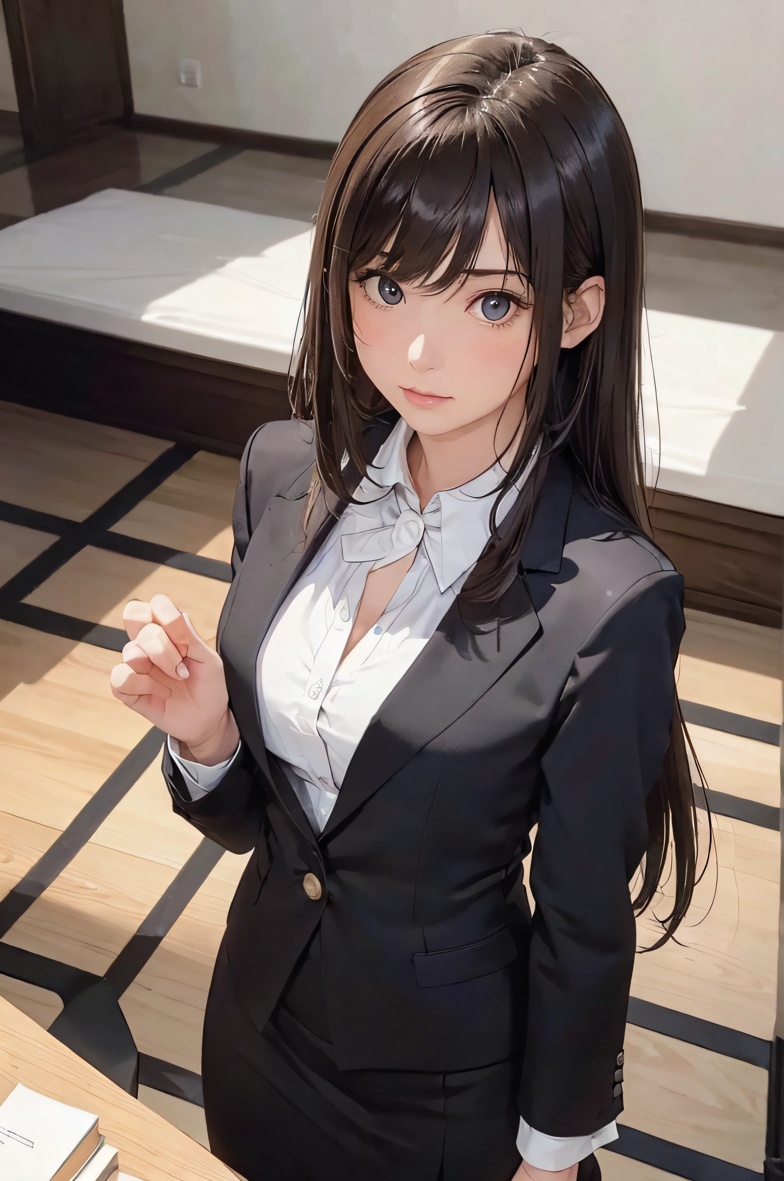 (1girl 24 years old:1.3), (photorealistic:1.4), (masterpiece, top quality, best quality, official art), extreme detailed, highest detailed, (ultra-detailed), ((an extremely delicate and beautiful)), cinematic light, (realisticlying:1.3), (highdetailskin:1.2), high resolution, 8K UHD, 4K, 8K, Bokeh, digital SLR camera, absurderes, Optimal proportions of four fingers and one thumb, 
((silky long hair)), (brown hair), beautiful face, perfect face, highly detailed beautiful face, 
Cute, shy,faint smile
hotel reception, midnight,
dynamic angle, from above, 
((Wearing a black formal blazer)), ((white blouse with collar)), cleavage, skirt, lacepantyhose, blue underwear,
open legs a little, kneel down,