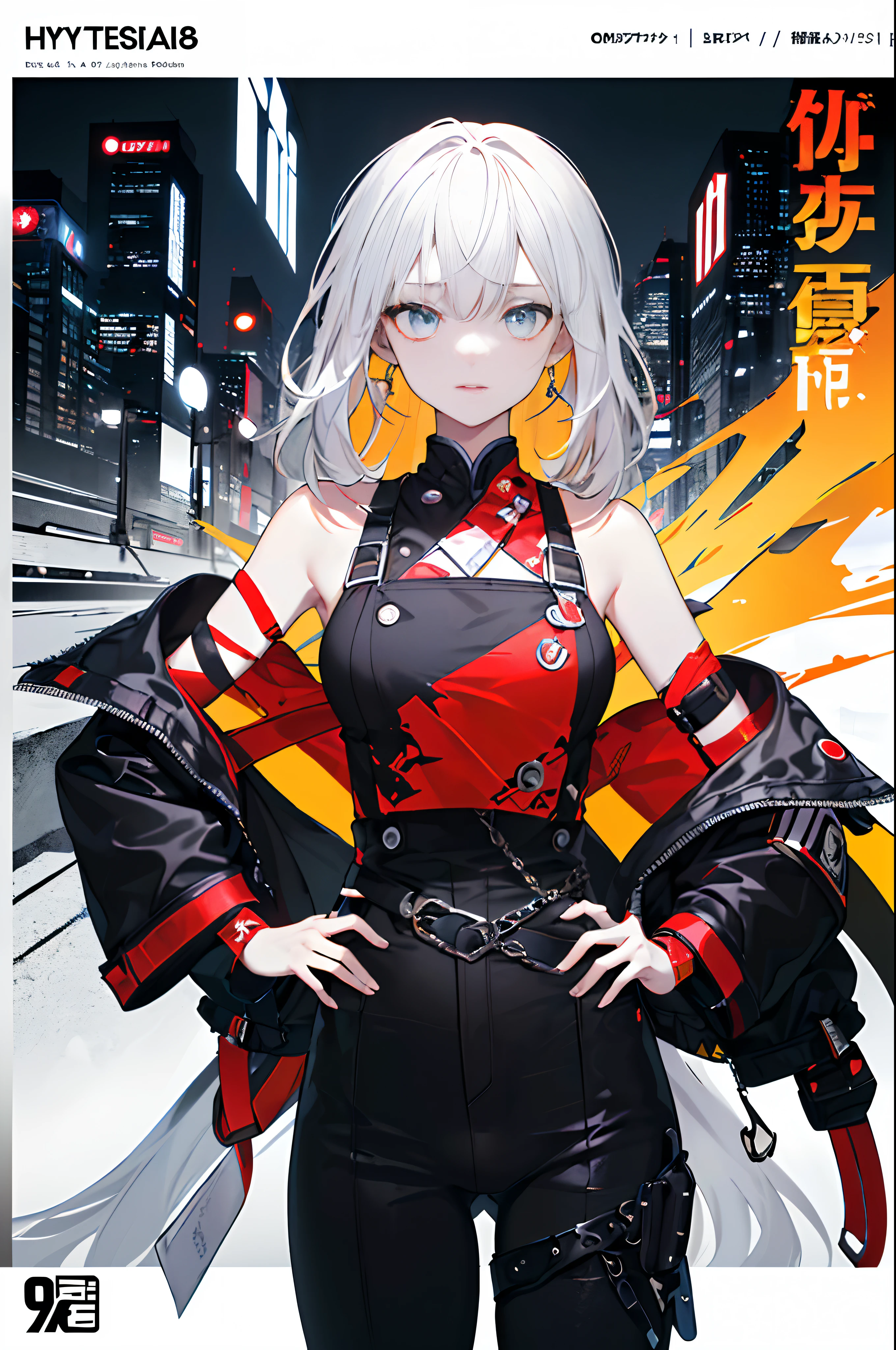 ((((Dramatic))), (((grittiness))), (((Intense))) The movie poster features a young woman as the central character。She stands confidently in the center of the poster,Wear fashion-forward cyborg-futuristic outfits,with a determined expression on her face。The background is dark and gritty,There is a sense of danger and a strong feeling。The text is bold and eye-catching,With catchy slogans,Adds to the overall drama and excitement。The color palette is dominated by dark colors,Dotted with bright colors,Make the poster dynamic and visually striking,tachi-e (Magazines:1.3), (Cover-style:1.3), Fashionab, woman, vibrant, Outfit, posing on a, Front,rich colourful,dyna,Background with,element in,self-assured,Expressing the,halter,statement,Attachment,A majestic,coil,Runt,Touching pubic area,Scenes,text,Cover of a,boldness,attention-grabbing,titles,Fashionab,typeface,Catchy,titles,more big,Smart、moderno、Trendy、focus-on、Fashionab、,tmasterpiece,Need,Best quality at best,Hyper-detailing,8K ,hyper HD