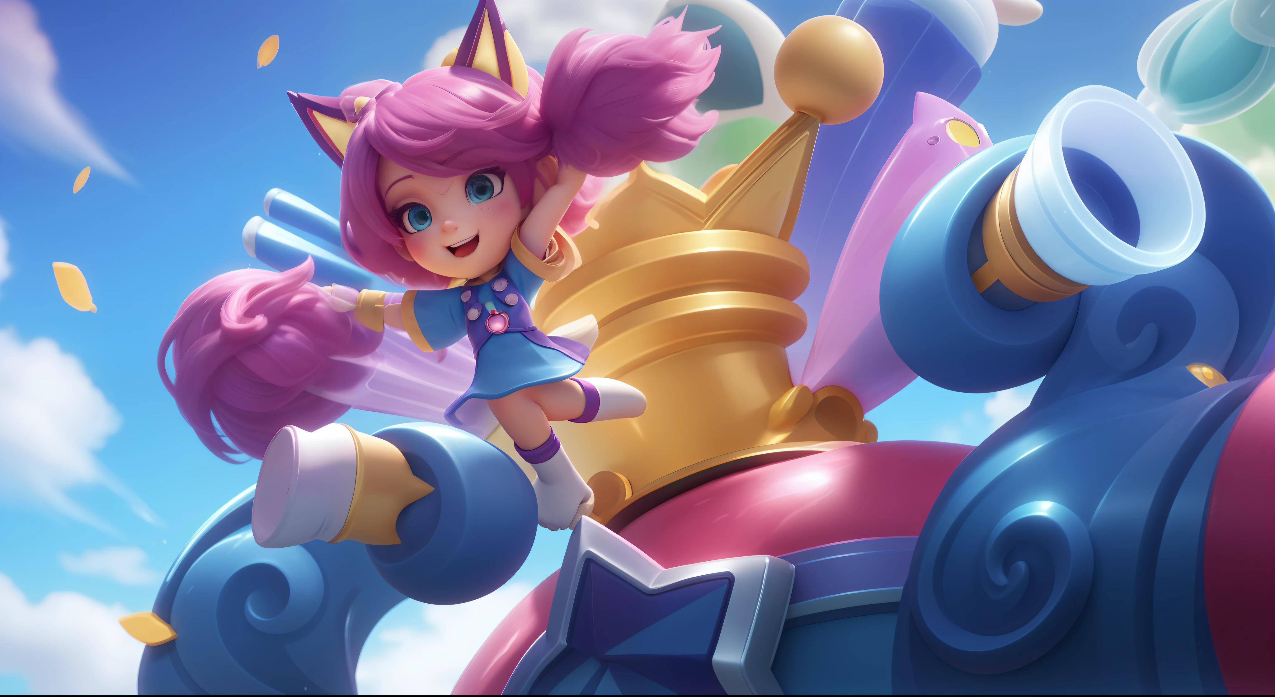 A closeup of a woman in a pink outfit mounted on a giant robot, jinx arcano, Splashart de League of Legends, League of Legends arte splash, star guardians, Serafim Ahri KDA, de League of Legends, Splash Art Oficial, Arte Splash, Arte do personagem de League of Legends, Star Guardian Inspirado, Arte Splashe Anime Loli