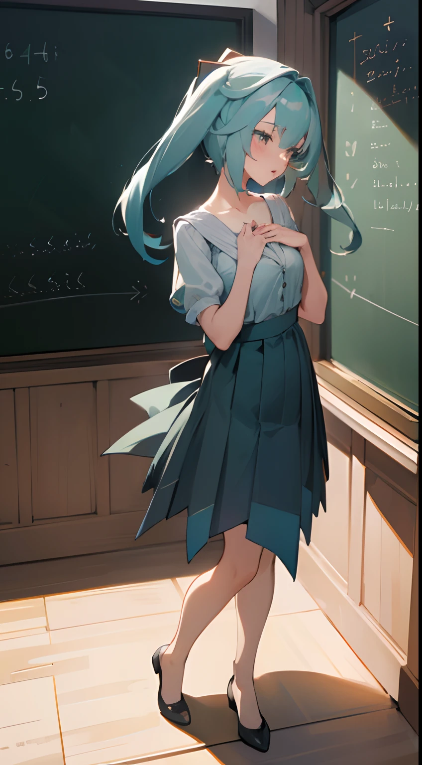 1girl, ((faruzanrnd)), standing, straight, parted lips,, adult woman, mature, 25years old, woman teacher, (teaching, writing in the black board, sideview), (((puff out chest))), (Dynamic angle), ((full body)), ((classroom)), bare legs, (colorful:1.2), (extremely detailed CG unity 16k wallpaper:1.1), (masterpiece:1.37), ((official art)), ((best shadow)), top quality, (library background:1.3)
