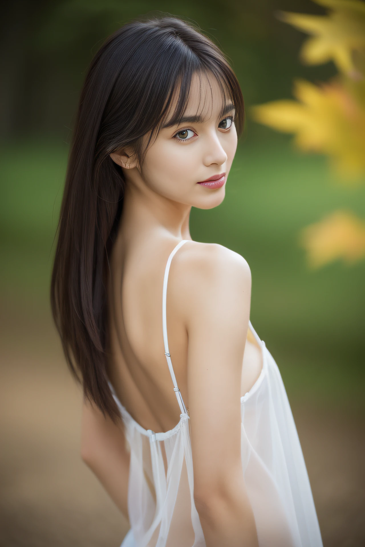 High resolution, Raw photo, Photorealistic, extremely delicate and beautiful, extremely detailed, finely detail, highly detailed CG Unity 8k wallpaper, Ultra-detailed, (Best Quality, 8K, 32K, masterpiece, UHD:1.2), Photo of beautiful Hungarian model, 1girl in, Solo, 17 years old, (camisole with wide open back and sides, sideboob:1.3), beautiful and detailed face, Beautiful and clear eyes, Delicate figure, Medium Hair, Upper teeth, Slender body, slim, skinny, small breasts, Narrow waist, charming look, charming figure, delicate body shape, Young Sensual Gravure Idol, Young thin gravure idol, Young Pretty Gravure Idol, Young Gravure Idol, Realistic Young Gravure Idol, Hungarian Models, sophisticated gravure idol, back view, autumn maple forest