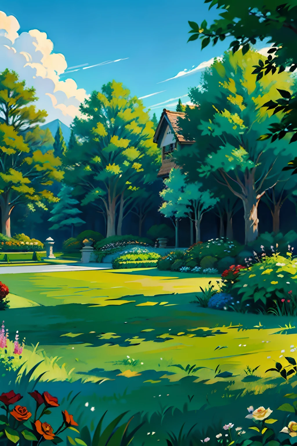 A painting of a summertime landscape, green trees, green grass, big rose bushes in a garden, daytime light.