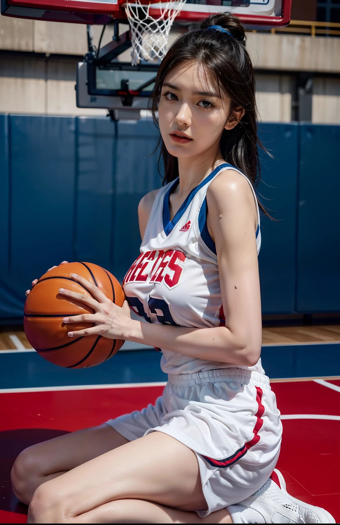 Top quality, 超高分辨率, (Photorealistic: 1.4), 8K resolution, (Woman in basketball uniform), (Random hair: 1.3), (photo-realistic hair: 1.2), (Realistic eyes: 1.2), (beautfully face: 1.3), (Large breasts:1.3), (Wet skin: 1.2),(Dynamic Angle:1.1),(full bodyesbian)sweat leggs,at basketball court,low chest,无袖,long leges(Playing the Basketball)White sneakers