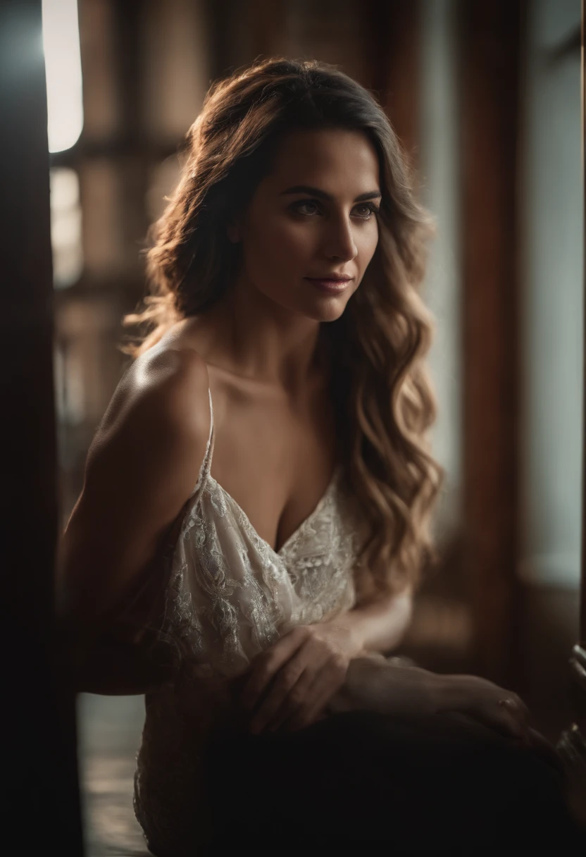 Retrato de uma mulher de cabelos longos castanhos