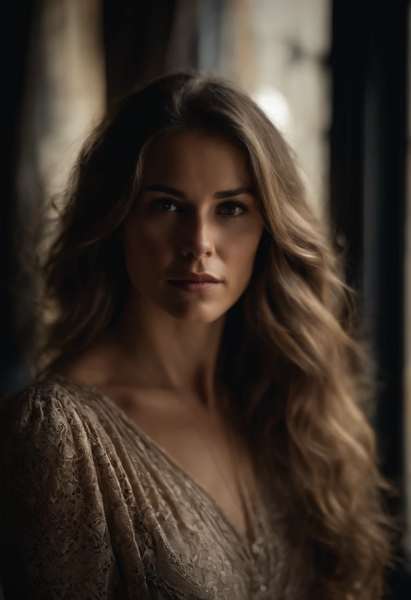Retrato de uma mulher de cabelos longos castanhos