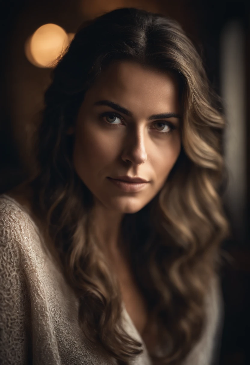 Retrato de uma mulher de cabelos longos castanhos