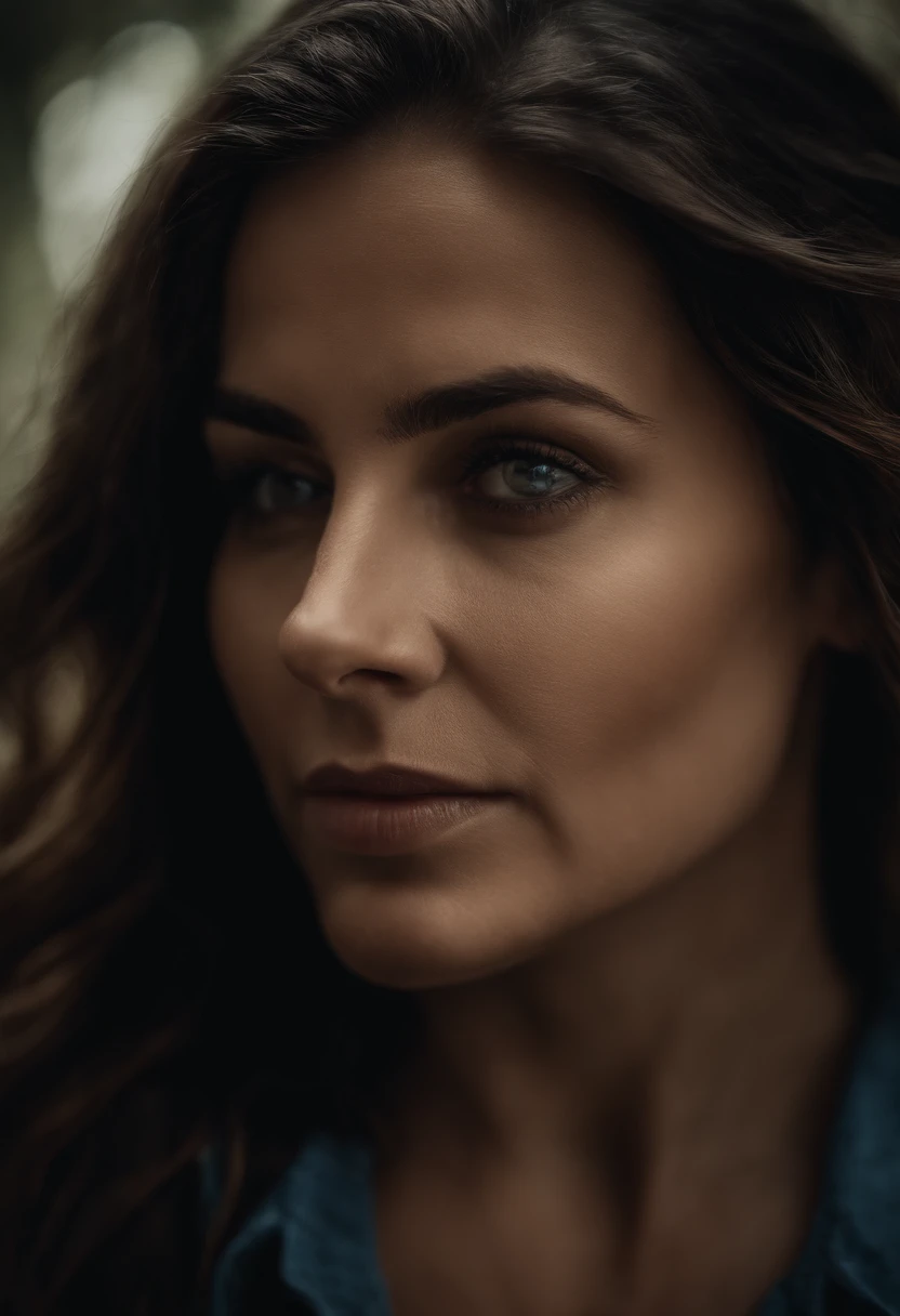 Retrato de uma mulher de cabelos longos castanhos