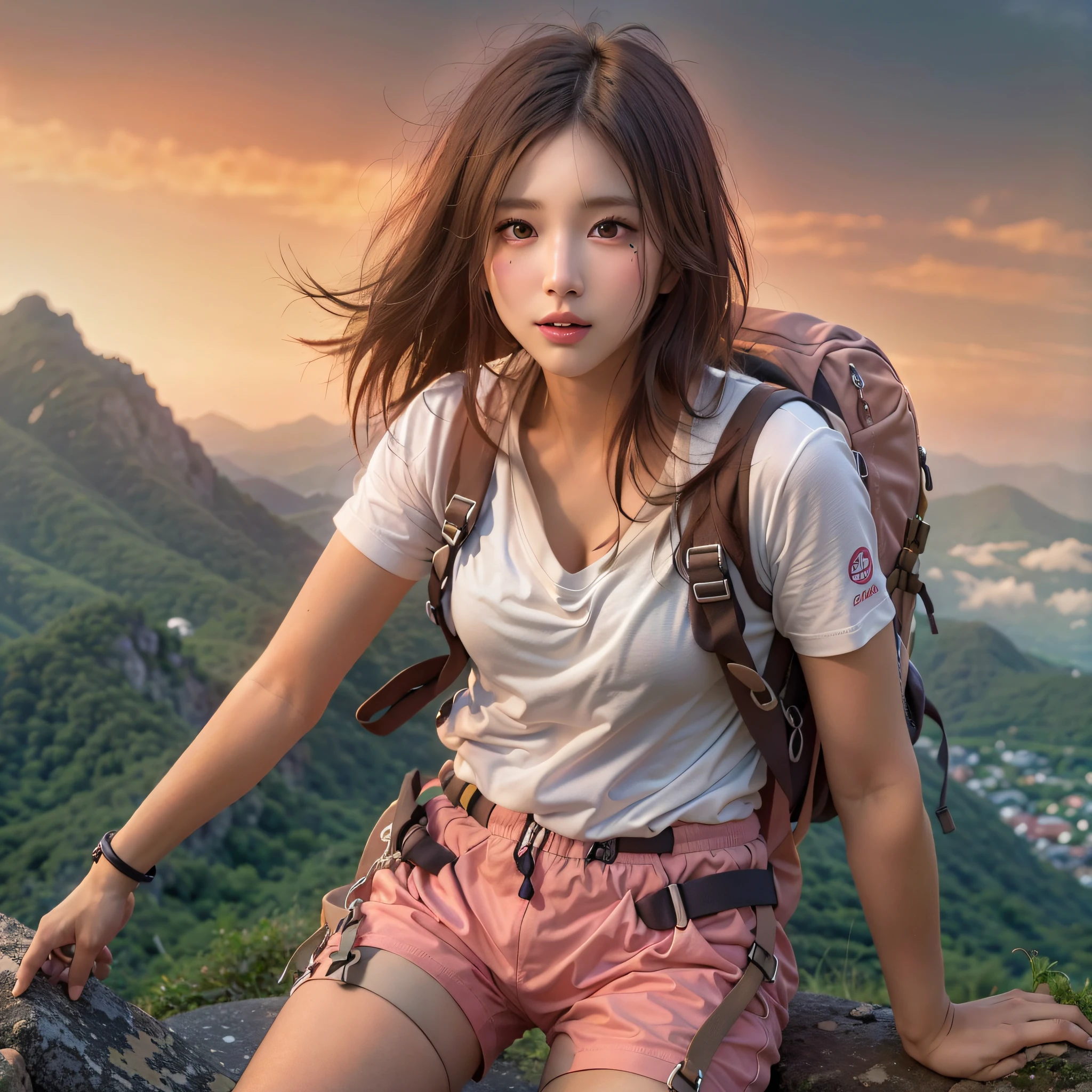 (Naturescape photography), (best quality), masterpiece:1.2, ultra high res, photorealistic:1.4, RAW photo, (Magnificent mountain, sea of clouds), (On a very high mountain peak), (sunset), (wideangle shot), (Show cleavage:0.8),
(1girl), (Photo from the knee up:1.3), (18 years old), (smile:0.9), (shiny skin), (semi-long hair, dark brown hair),
(Large white V-neck T-shirt, pink Trekking shorts), (Carrying a large backpack),
(ultra detailed face), (ultra Beautiful fece), (ultra detailed eyes), (ultra detailed nose), (ultra detailed mouth), (ultra detailed arms), (ultra detailed body), pan focus, looking at the audience, (Show cleavage)