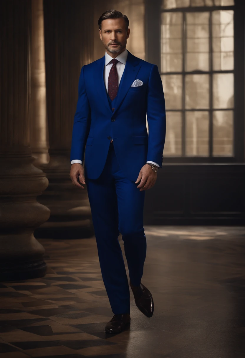 Certainly, further refine the prompt for an ultra-realistic 8K portrait of a distinguished short-haired gentleman in his 40s, with piercing black eyes. He's impeccably attired in a meticulously tailored royal blue suit, complemented by a perfectly matching tie.