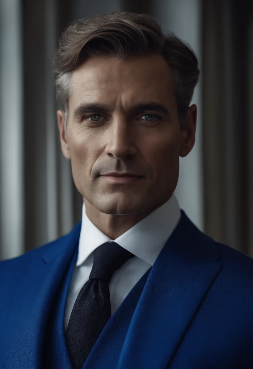 Certainly, further refine the prompt for an ultra-realistic 8K portrait of a distinguished short-haired gentleman in his 40s, with piercing black eyes. He's impeccably attired in a meticulously tailored royal blue suit, complemented by a perfectly matching tie.