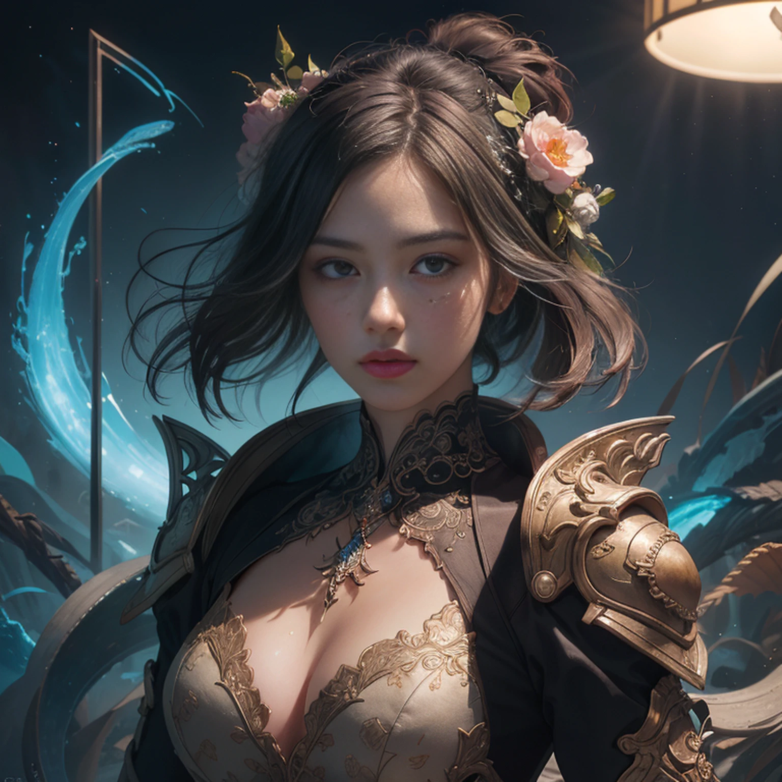 (((masterpiece))), (((best quality))), ((ultra-detailed)), (hyperrealistic), (highly detailed CG illustration), ((an extremely delicate and beautiful)),cinematic light, Create a stunning anime artwork that is currently trending on ArtStation, showcasing exquisite beauty and captivating aesthetics. The art piece should be highly detailed, featuring a compelling character and a visually appealing environment. The character in the artwork is a graceful and enchanting figure, radiating an aura of elegance. Pay close attention to intricate facial features, such as mesmerizing eyes with vibrant colors and delicate shading. The character's clothing should be designed with elaborate patterns, flowing fabrics, and rich textures, reflecting a blend of fantasy and contemporary fashion. Place the character in a captivating environment that enhances the overall appeal of the artwork. It could be a breathtaking natural landscape, a bustling futuristic cityscape, or a mystical realm filled with magical elements. Incorporate vibrant colors, dynamic lighting, and detailed background elements to create a sense of depth and immersion. Consider the latest trends in anime art, such as incorporating unique lighting effects, exploring creative composition techniques, or experimenting with unconventional color palettes. Take inspiration from the top artists on ArtStation and their exceptional execution of various art styles and themes. Camera: Choose an angle that highlights the character's beauty and the immersive environment. Lighting: Utilize atmospheric lighting techniques to create depth and mood. Resolution: Aim for a high-resolution artwork to showcase intricate details and clarity. Art Inspirations: Seek inspiration from the trending artists on ArtStation, exploring different styles, genres, and themes.