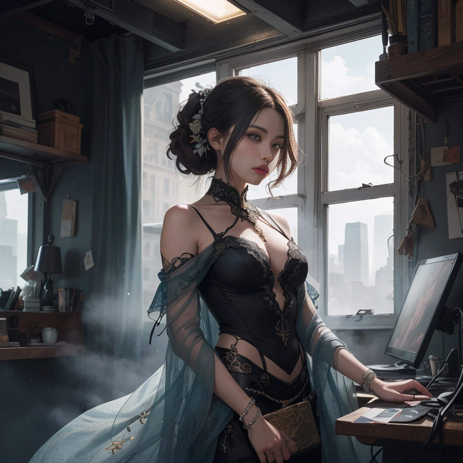 (((masterpiece))), (((best quality))), ((ultra-detailed)), (hyperrealistic), (highly detailed CG illustration), ((an extremely delicate and beautiful)),cinematic light, Create a stunning anime artwork that is currently trending on ArtStation, showcasing exquisite beauty and captivating aesthetics. The art piece should be highly detailed, featuring a compelling character and a visually appealing environment. The character in the artwork is a graceful and enchanting figure, radiating an aura of elegance. Pay close attention to intricate facial features, such as mesmerizing eyes with vibrant colors and delicate shading. The character's clothing should be designed with elaborate patterns, flowing fabrics, and rich textures, reflecting a blend of fantasy and contemporary fashion. Place the character in a captivating environment that enhances the overall appeal of the artwork. It could be a breathtaking natural landscape, a bustling futuristic cityscape, or a mystical realm filled with magical elements. Incorporate vibrant colors, dynamic lighting, and detailed background elements to create a sense of depth and immersion. Consider the latest trends in anime art, such as incorporating unique lighting effects, exploring creative composition techniques, or experimenting with unconventional color palettes. Take inspiration from the top artists on ArtStation and their exceptional execution of various art styles and themes. Camera: Choose an angle that highlights the character's beauty and the immersive environment. Lighting: Utilize atmospheric lighting techniques to create depth and mood. Resolution: Aim for a high-resolution artwork to showcase intricate details and clarity. Art Inspirations: Seek inspiration from the trending artists on ArtStation, exploring different styles, genres, and themes.