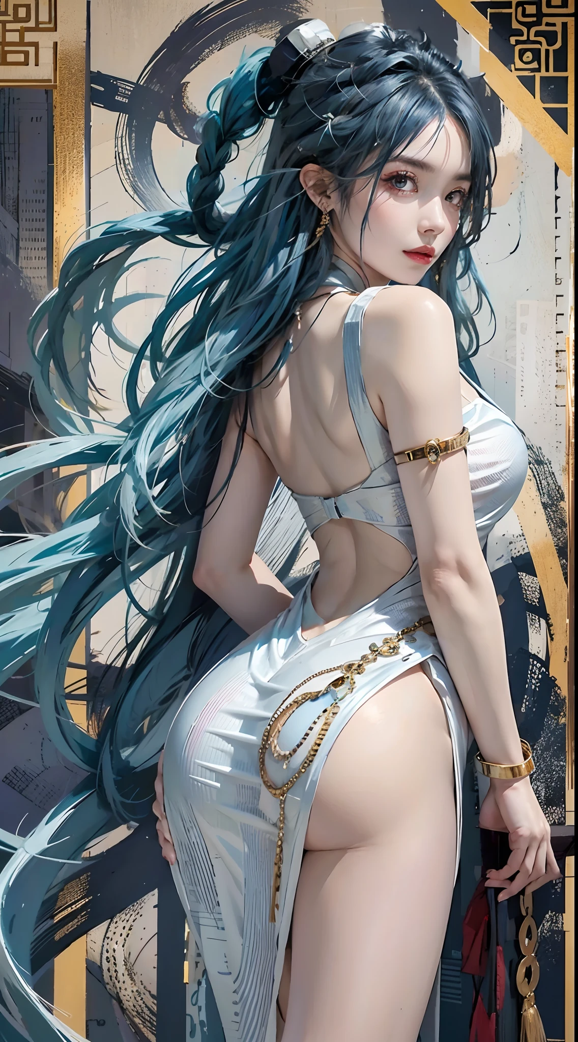 photorealistic, high resolution, 1women, mature female, solo, hips up, china dress, tail, white dress, jewelry, chinese clothes, sleeveless dress, sleeveless, bare shoulders, large breasts, earrings, official alternate costume, thighs, bangs, bracelet, very long hair, colored skin, bead bracelet, beads, signature, arm support, ponytail, tassel earrings, blue hair, braided hair, back view