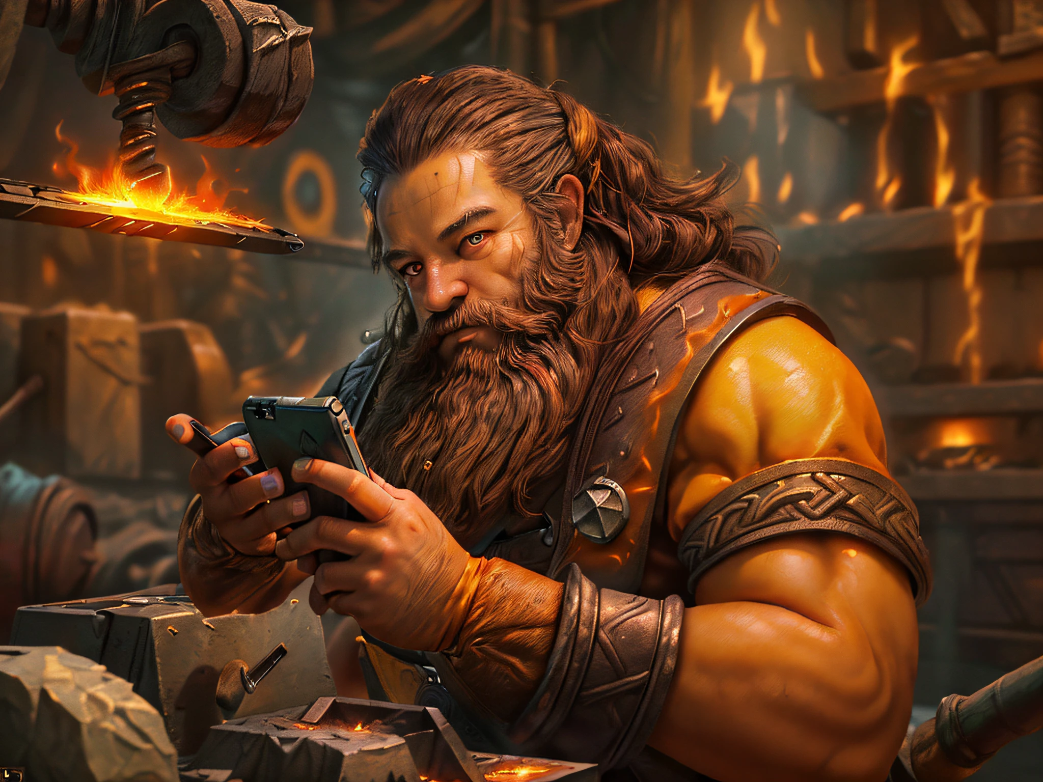 high details, best quality, 16k, RAW, [best detailed], masterpiece, best quality, (extremely detailed), full body, ultra wide shot, photorealistic, fantasy art, RPG art, a picture of a dwarf working at his forge making a (((smartphone: 1.5))) fantasy male dwarf (intense details, Masterpiece, best quality), brown hair, dynamic eyes color, ultra detailed face (intense details, Masterpiece, best quality), long beard, brown beard, muscular arms, wearing smith apron, holding a hammer in hand, hammer has yellow magical runes, shining GlowingRunes_yello yellowe runes (intense details, Masterpiece, best quality), working the forge making a (smartphone:1.5) (intense details, Masterpiece, best quality), dwarven smithy and fiery forge background, fiery red and yellow and orange shadow and light of a fiery orange (intense details, Masterpiece, best quality), High Detail, Ultra High Quality, High Resolution, 16K Resolution, Ultra HD Pictures, Ultra Realistic, Clear Details, Realistic Detail, Ultra High Definition