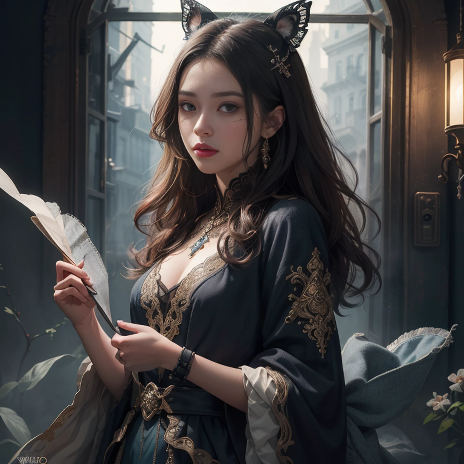(((masterpiece))), (((best quality))), ((ultra-detailed)), (hyperrealistic), (highly detailed CG illustration), ((an extremely delicate and beautiful)),cinematic light, Create a stunning anime artwork that is currently trending on ArtStation, showcasing exquisite beauty and captivating aesthetics. The art piece should be highly detailed, featuring a compelling character and a visually appealing environment. The character in the artwork is a graceful and enchanting figure, radiating an aura of elegance. Pay close attention to intricate facial features, such as mesmerizing eyes with vibrant colors and delicate shading. The character's clothing should be designed with elaborate patterns, flowing fabrics, and rich textures, reflecting a blend of fantasy and contemporary fashion. Place the character in a captivating environment that enhances the overall appeal of the artwork. It could be a breathtaking natural landscape, a bustling futuristic cityscape, or a mystical realm filled with magical elements. Incorporate vibrant colors, dynamic lighting, and detailed background elements to create a sense of depth and immersion. Consider the latest trends in anime art, such as incorporating unique lighting effects, exploring creative composition techniques, or experimenting with unconventional color palettes. Take inspiration from the top artists on ArtStation and their exceptional execution of various art styles and themes. Camera: Choose an angle that highlights the character's beauty and the immersive environment. Lighting: Utilize atmospheric lighting techniques to create depth and mood. Resolution: Aim for a high-resolution artwork to showcase intricate details and clarity. Art Inspirations: Seek inspiration from the trending artists on ArtStation, exploring different styles, genres, and themes.