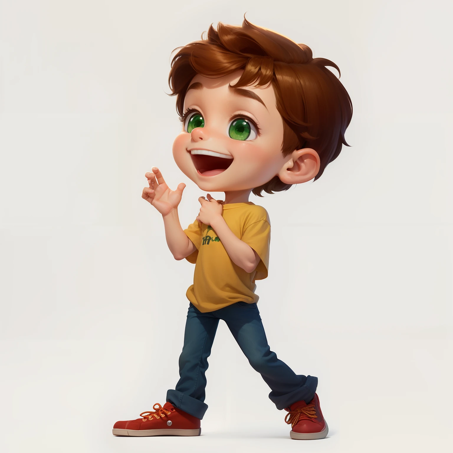 pixar style character boy with brown hair and green eyes and yellow shirt, jeans and red shoes, is standing in profile with an affectionate smile