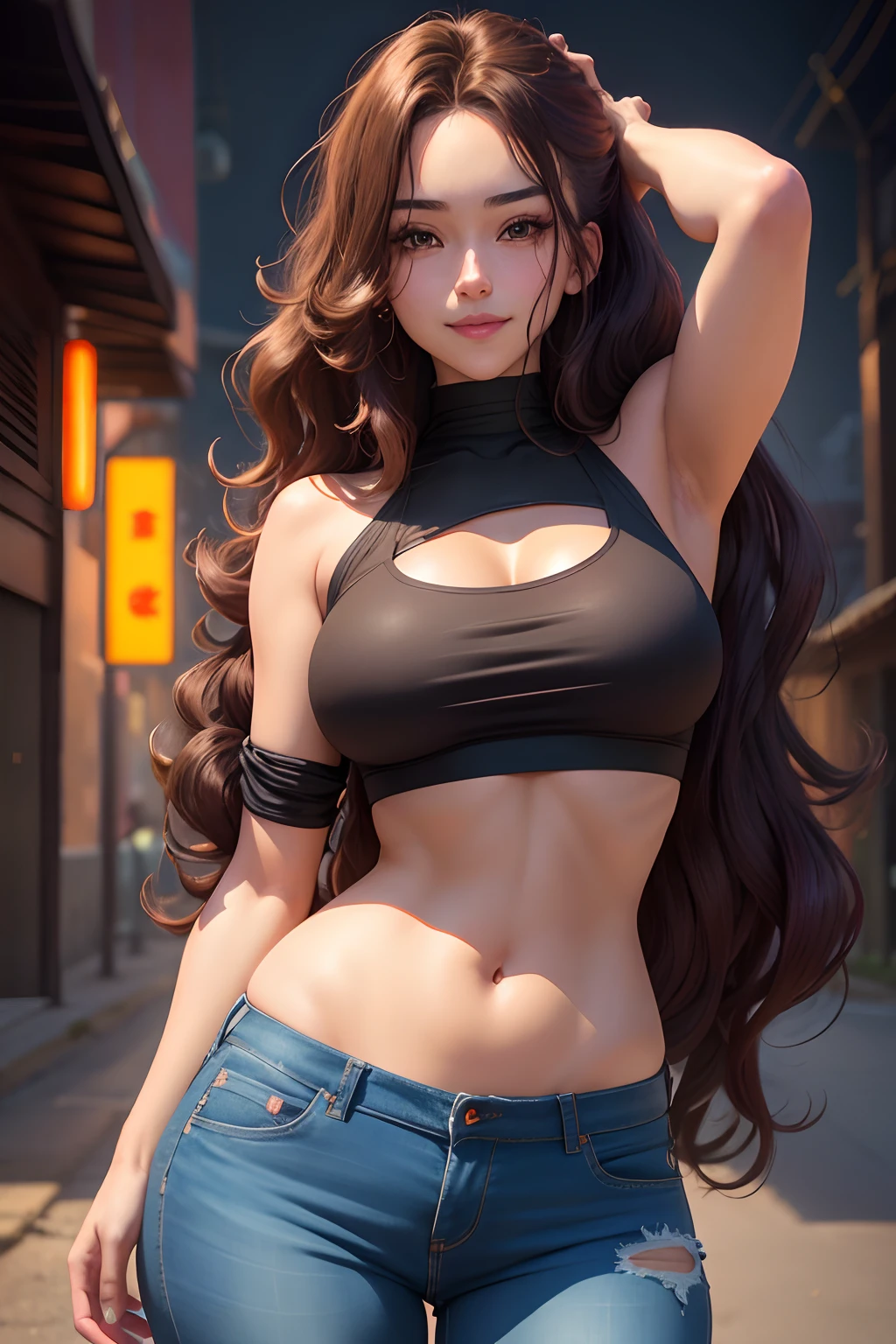 anime, girl, flirtatious, openly flirty smile, long hair, dark hair color, stylish hairstyle, side hair long, lush hair, hair does not cover face, long curls of hair pulled to the sides, hair does not cover the forehead, curvy body, sexy girl, beautiful girl, dark character, crop top, lowrider jeans, clarity, detailed, detailed face, very detailed drawing, smile, serious look, scary background, scary saturated background, perfect composition, soft natural volumetric cinematic perfect light, masterpiece