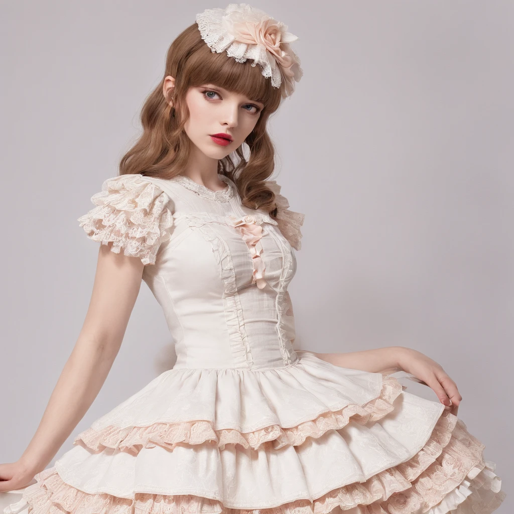 Lolita dress design, mannequin wearing the dress, classic lolita dress desgin, lots of frill and lace dress