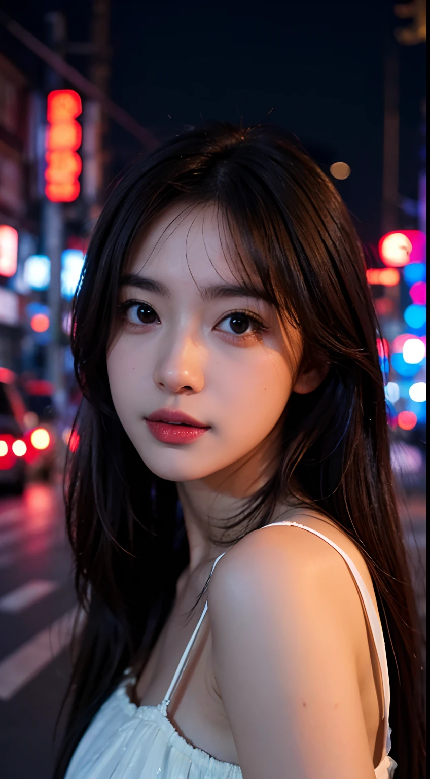 1girl, Tokyo street,night, cityscape,city lights, upper body,close-up, 8k, RAW photo, best quality, masterpiece,realistic, photo-realistic,