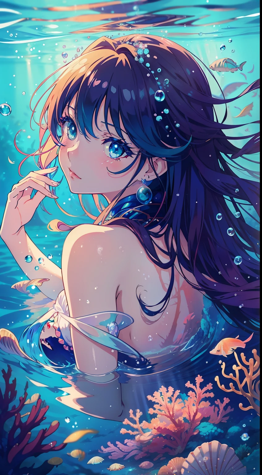The comic features a cute lying on her back in colorful underwater scene with black hair and bangs. She lies flat by an underwater pachinko machine that is also a table covered with various colored patterns. The background features stars twinkling and floating water plants. The visuals are in the style of cool and cute anime with high definition and high resolution.