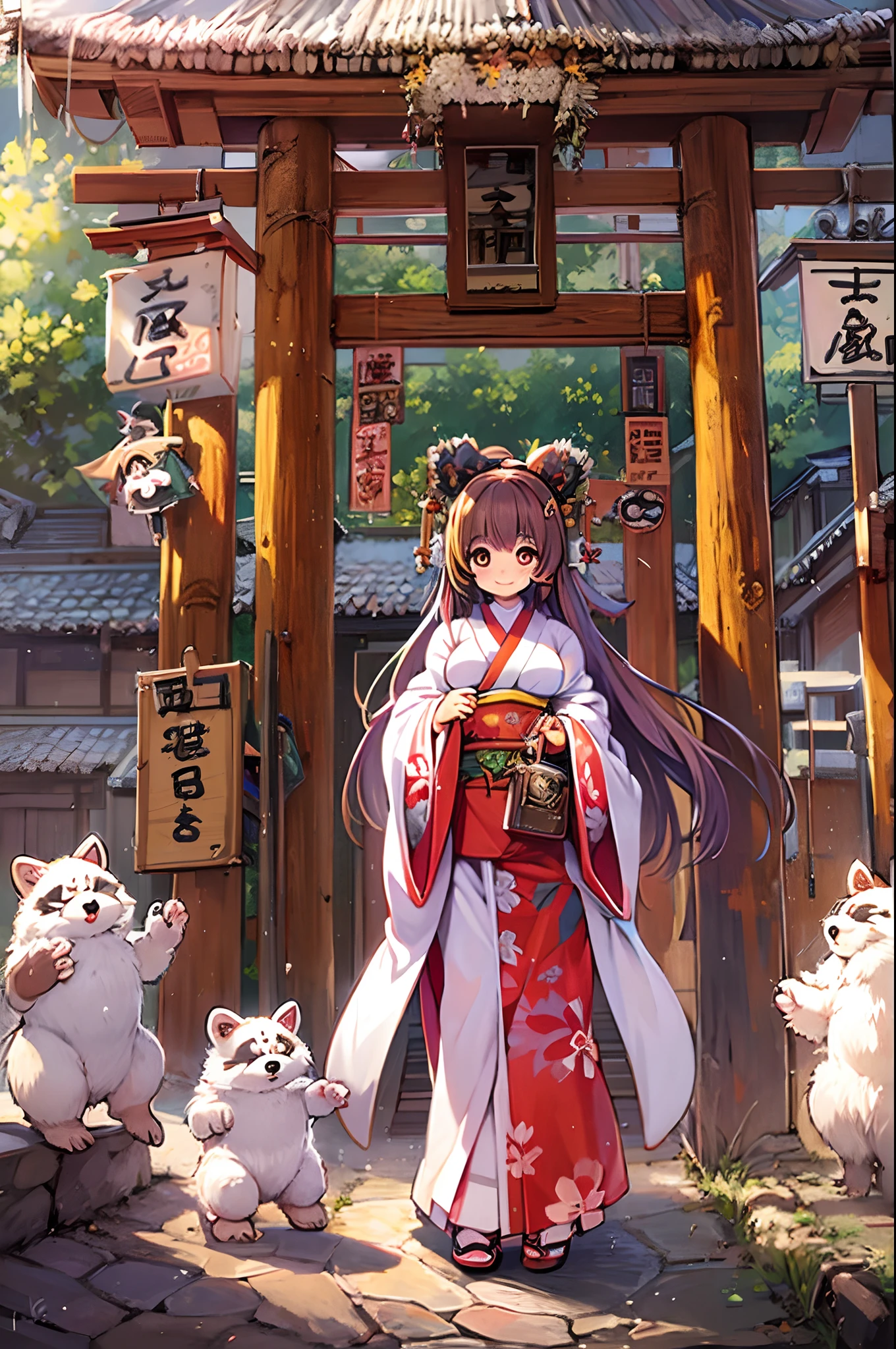 Tanuki Woman、body covered with fur、huge-breasted、kawaii、shrine maiden、Japan white clothes,Red Hakama、torii gate,summer day、From below、Wide Shot、raccoon dog