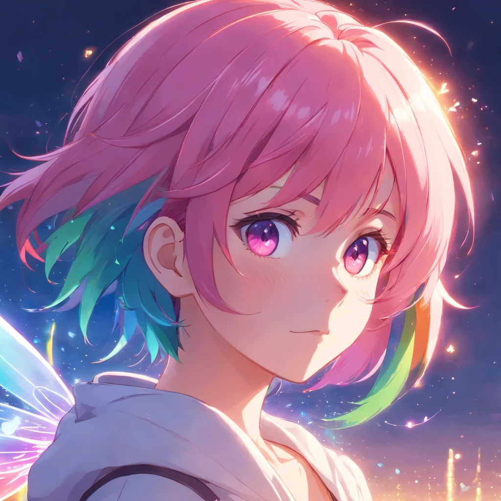 With pink hair and rainbow eyes,beautiful as a fairy,A melancholy expression that stirs affection,side face,floating hair,light particles,glare,vivid,fancy,dreamlike,a dim atomshpere,