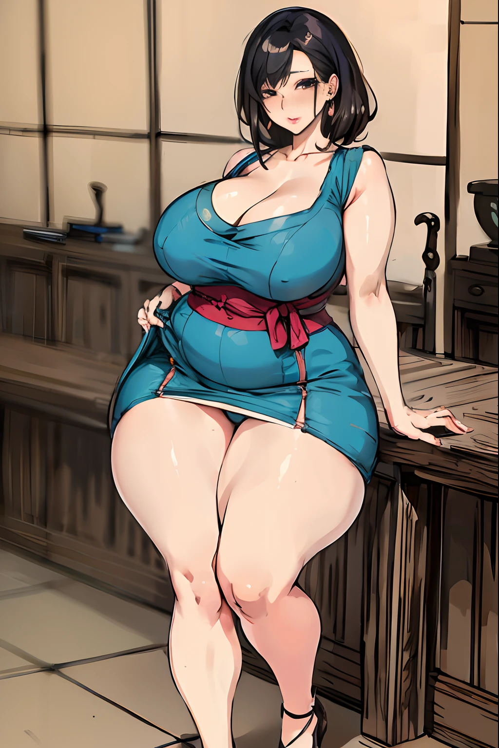 Cartoon photo of woman in blue dress posing for photo, small curvy , she has a jiggly fat round belly, oppai proportions, Seductive Anime Girl, succubus in tight short dress, beautiful alluring anime woman, Chic, giantess art, oppai, thick body, pinup, with large breasts, lolidress, Voluptuous body, curvy body, Tifa Lockhart, Naughty anime style, plus size model, Scruffy body,Erotic cartoon style body, Married woman's big ass,Eros of a married woman, Married woman style, Married woman atmosphere