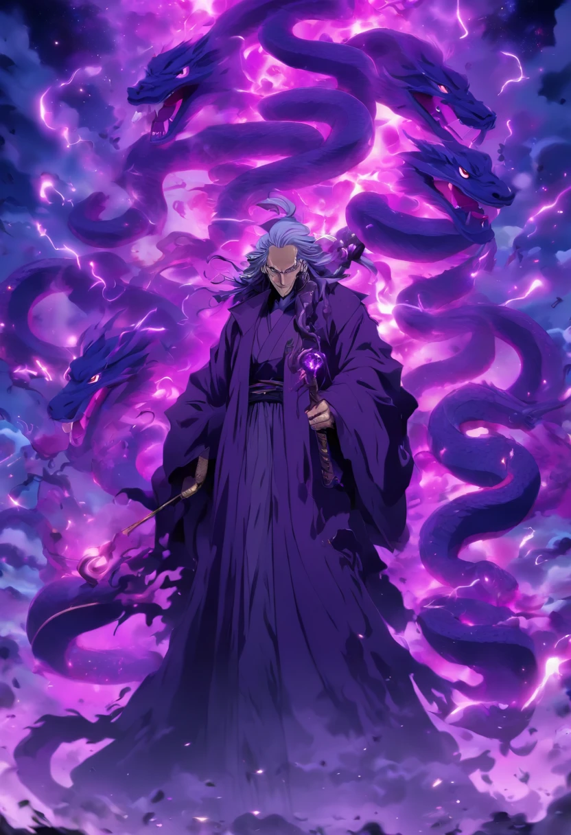 (a-purple-themed,18K resolution,highly detailed,masterpiece:1.2),a sinister old man wearing a purple robe,holding a staff,poisonous substances in the air,with a faint ghostly silhouette of a purple serpent hovering overhead.