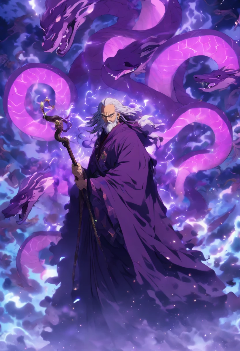 (a-purple-themed,18K resolution,highly detailed,masterpiece:1.2),a sinister old man wearing a purple robe,holding a staff,poisonous substances in the air,with a faint ghostly silhouette of a purple serpent hovering overhead.
