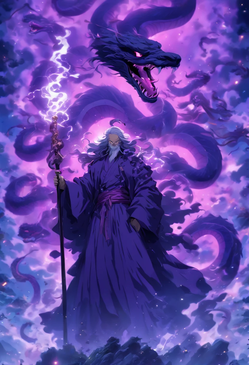 (a-purple-themed,18K resolution,highly detailed,masterpiece:1.2),a sinister old man wearing a purple robe,holding a staff,poisonous substances in the air,with a faint ghostly silhouette of a purple serpent hovering overhead.