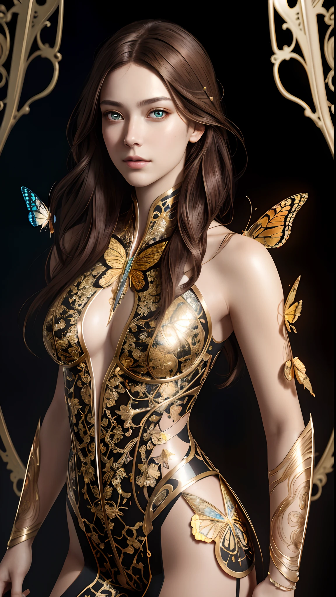8k portrait of beautiful cyborg with brown hair, intricate, elegant, highly detailed, majestic, digital photography, art by artgerm and ruan jia and greg rutkowski surreal painting gold butterfly filigree, broken glass, (masterpiece, sidelighting, finely detailed beautiful eyes: 1.2), hdr,