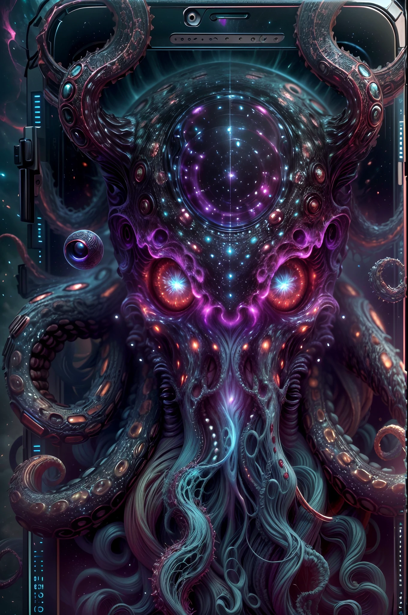 (best quality,4k,8k,highres,masterpiece:1.2),ultra-detailed,(realistic,photorealistic,photo-realistic:1.37),sinister
eldritch god's smartphone, outer god's smartphone, dark abyssal smartphone with tentacles, cosmic Cthulhu phone
vivid colors, eerie lighting