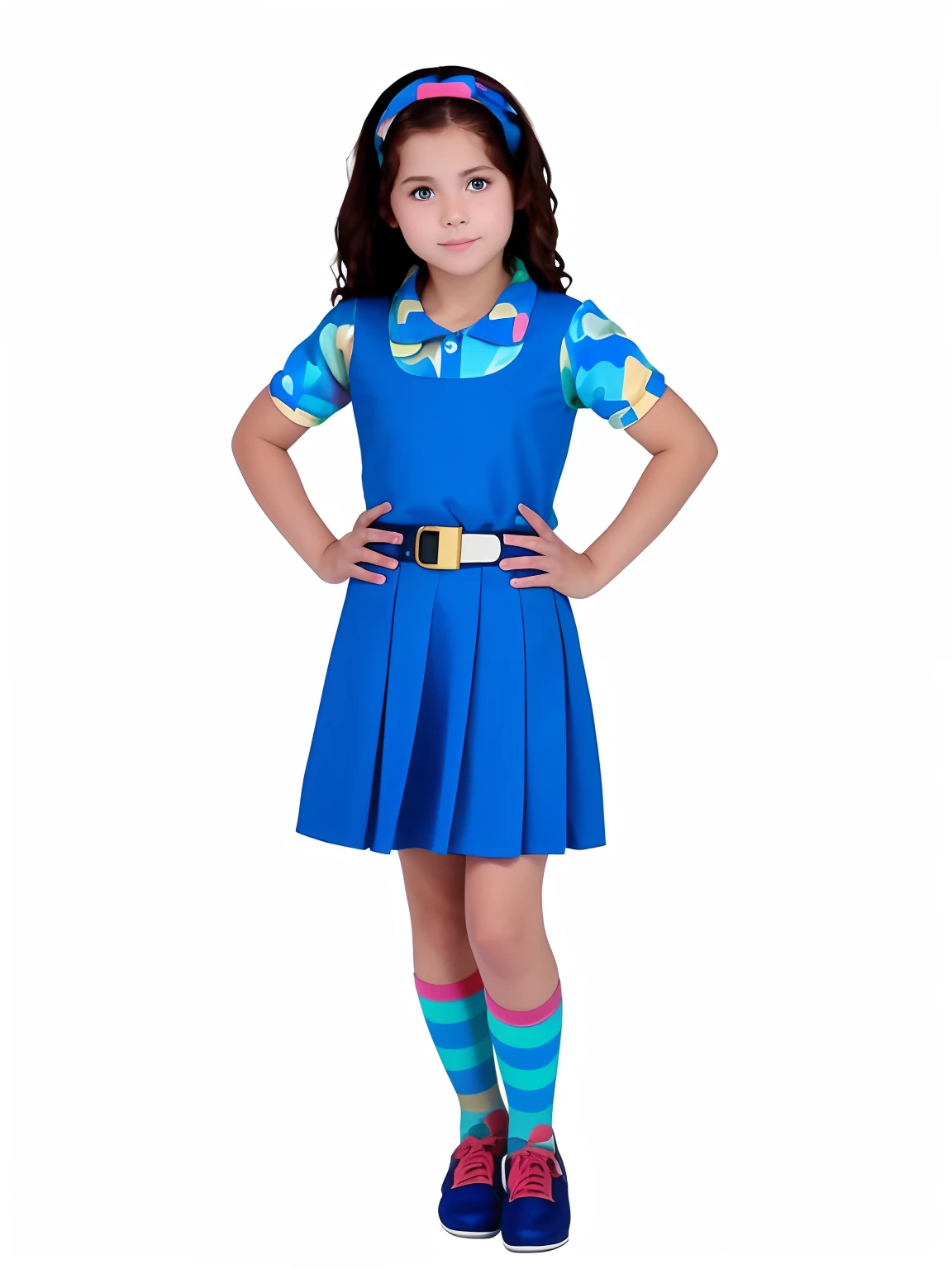  girl with Brown hair and blue eyes wearing a dark blue flared dress with thick straps and round collars, a shirt with a candy print (pink, lima green, light blue, magenta) and thin short sleves in a baby look s, a belt with a splash print (pink, lima green, light blue,  magenta), long white socks and shoes dark blue with colorful laces, uniform orphanage in informal style, White background like a soap opera promocional photo.