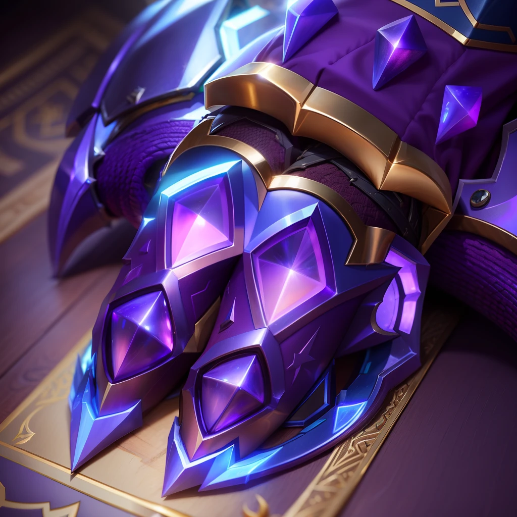 a close up of a stylized image of a knight with a sword, 8 k hd wallpaperjpeg artifact, 8k hd wallpaperjpeg artifact, chunky gauntlets, league of legends inventory item, metal gauntlet, leblanc, purple glowing core in armor, dragon maw, heartstone original art style, gauntlets, fantasy gauntlet of warrior, splash art,Technology gloves, exquisite details, many patterns, HD 4k quality, fantasy, cool, equipped for generals