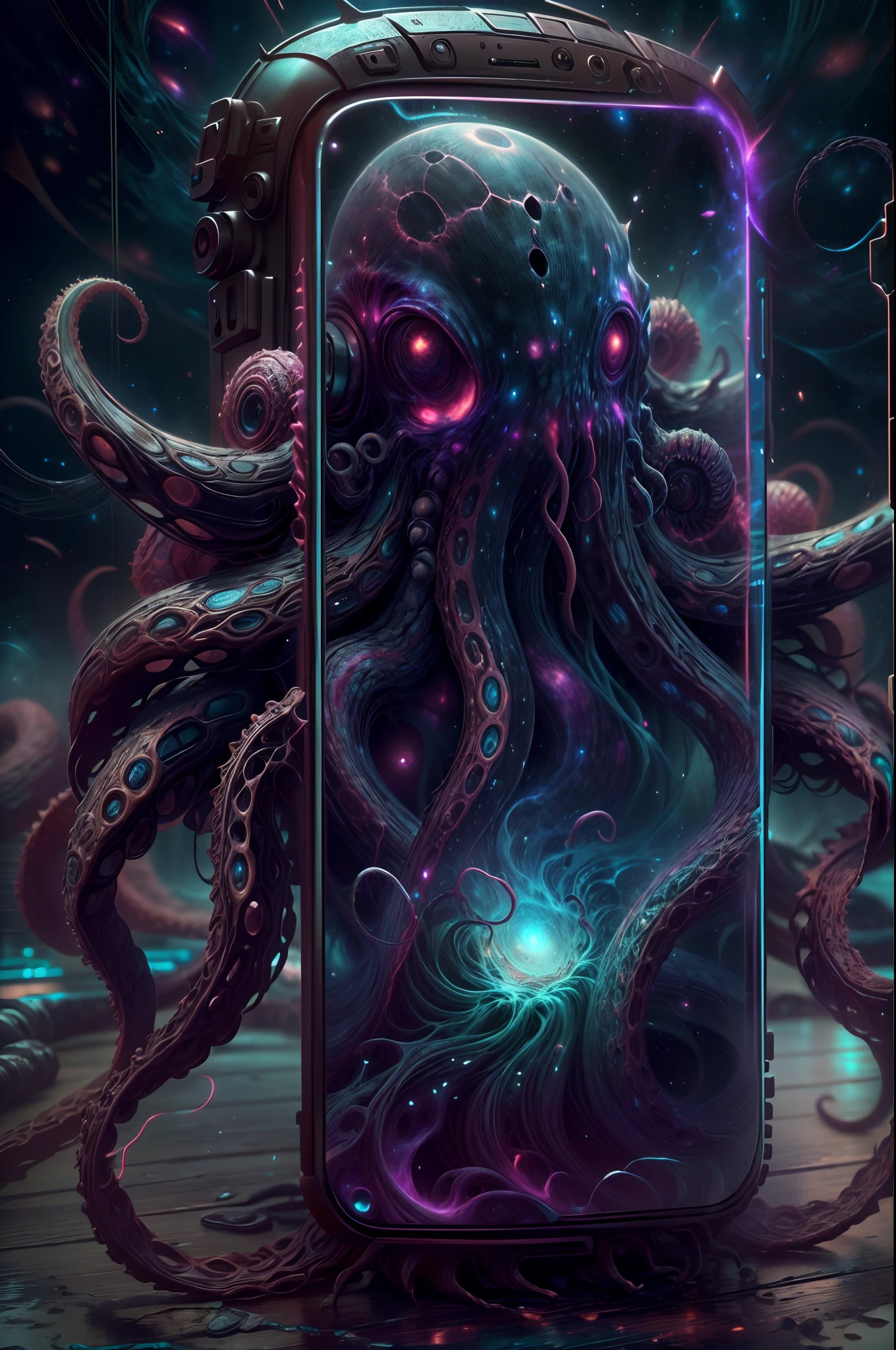(best quality,4k,8k,highres,masterpiece:1.2),ultra-detailed,(realistic,photorealistic,photo-realistic:1.37),sinister
eldritch god's smartphone, outer god's smartphone, dark abyssal smartphone with tentacles,some tetacles came out of the screen, cosmic Cthulhu phone
vivid colors, eerie lighting