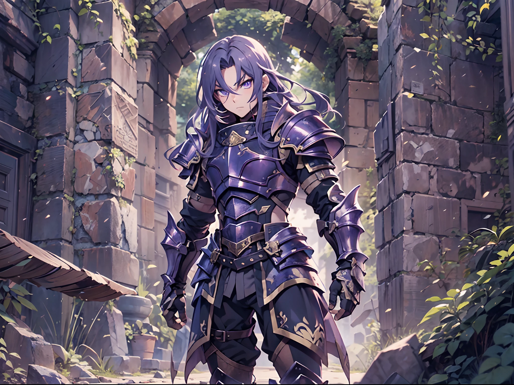 Ultra High Definition, Ultra High Quality, Extremely Detailed, 8k, 1 Boy, Rudeus Greyrat From Mushoku Tensei Anime, Handsome, Armored With War General Armor, Pure Purple Pupil Eyes, Long Haired Tied With Chinese Hairpin, Body To Legs Body Shot, Ancient Ruins Background,