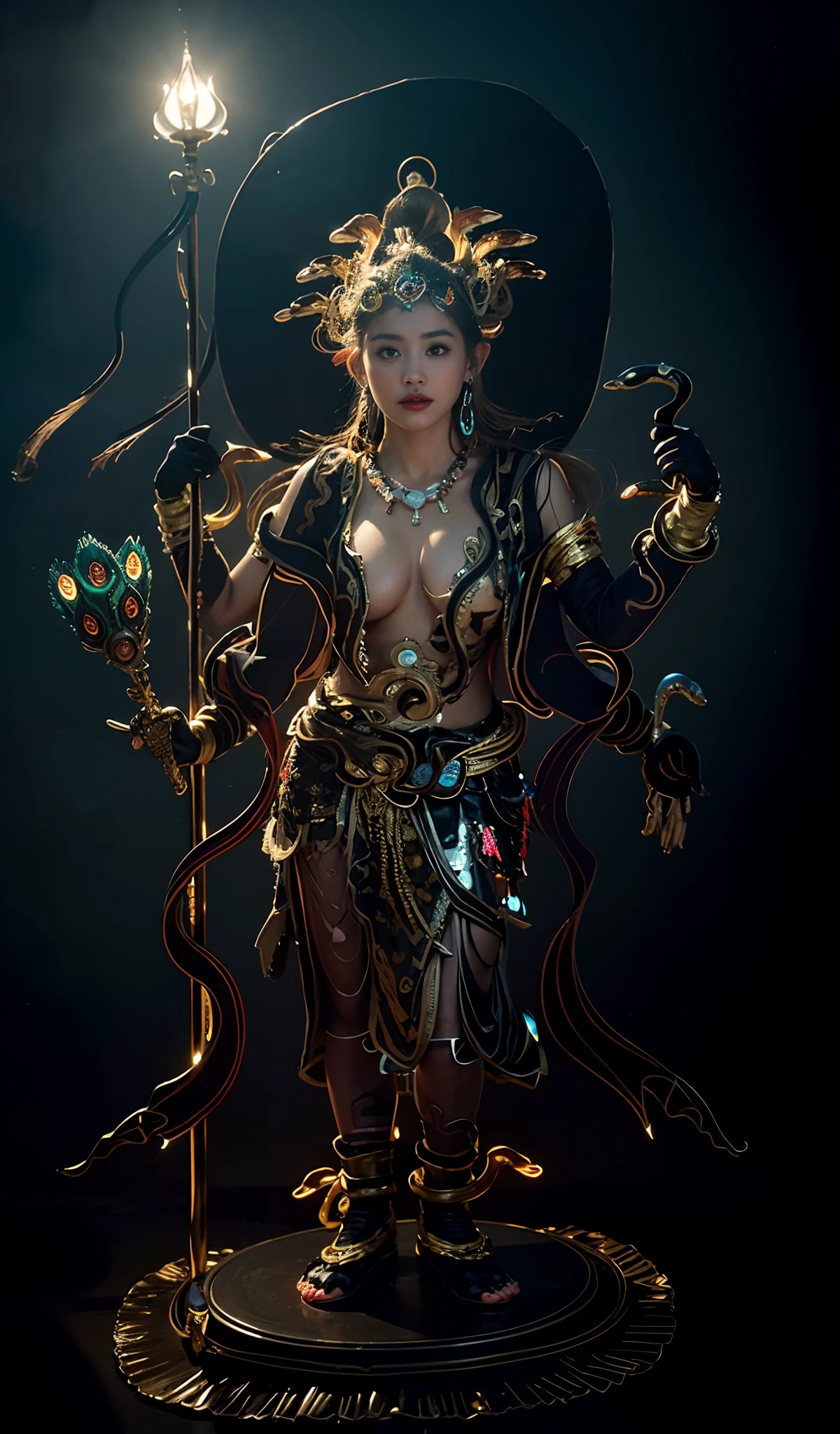 offcial art, (Extremely detailed Cg Unity 8K wallpaper), 1girll，chiquita，kiddy big breasts，（Human smugglers），（The union of man and snake），Solo, Ancient tiger skin skirt, complex pattern, tiger skin skirt, Snake decoration, Peacock fan in hand, arma, shaded_face, contempt, Pretty big breasts， (Photorealistic:1.4), (Masterpiece), (Best quality:1.2)，Light and shadow tracking，Super HD