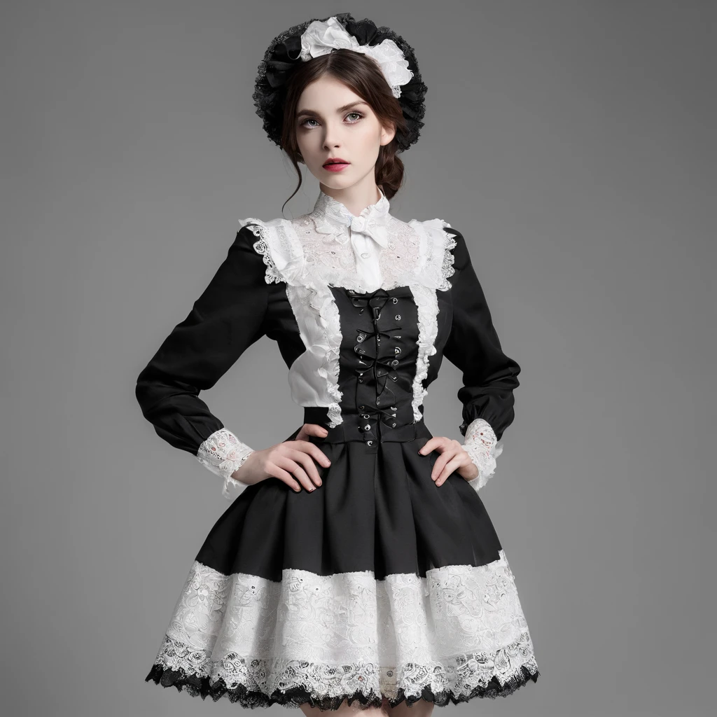 Lolita dress design, (mannequin wearing the dress), classic lolita dress desgin, lots of frill and lace dress, long sleeves, black and white dress