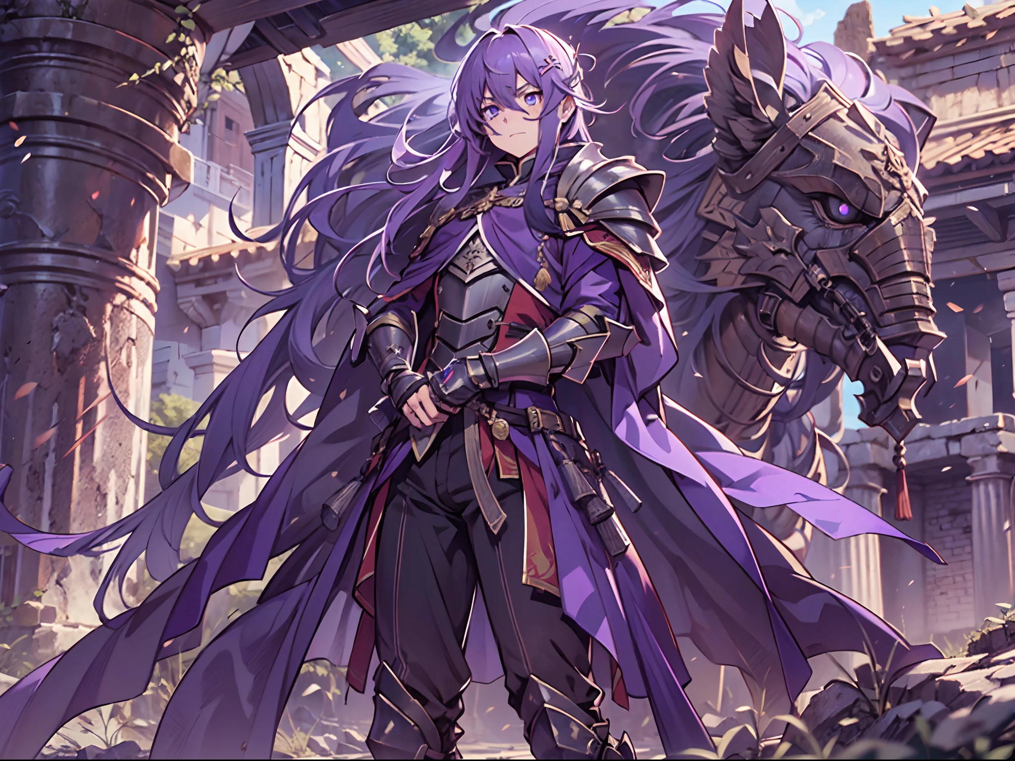 Ultra High Definition, Ultra High Quality, Extremely Detailed, 8k, 1 Boy, Rudeus Greyrat From Mushoku Tensei Anime, Handsome, Armored With War General Armor, Pure Purple Pupil Eyes, Long Haired Tied With Chinese Hairpin, Body To Legs Body Shot, Ancient Ruins Background,