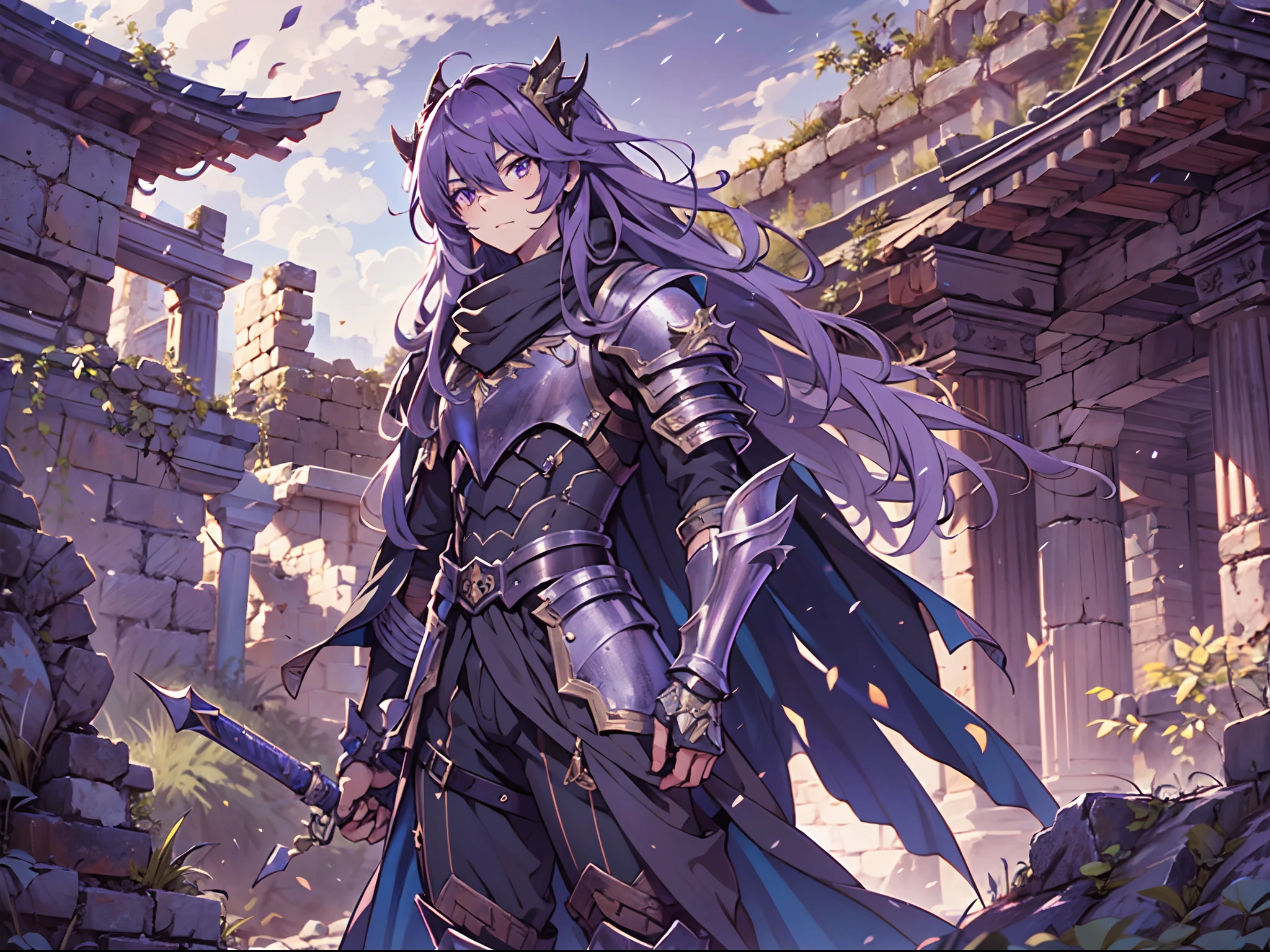 Ultra High Definition, Ultra High Quality, Extremely Detailed, 8k, 1 Boy, Rudeus Greyrat From Mushoku Tensei Anime, Handsome, Armored With War General Armor, Pure Purple Pupil Eyes, Long Haired Tied With Chinese Hairpin, Body To Legs Body Shot, Ancient Ruins Background,