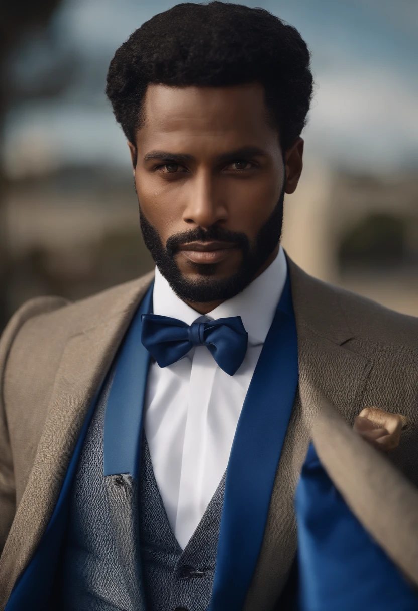 Certamente, refinar ainda mais o pedido para um retrato 8K ultrarrealista de um distinto cavalheiro de cabelos curtos e preto na casa dos 40 anos, com olhos negros penetrantes. He is impeccably dressed in a meticulously tailored royal blue suit, complementado por uma gravata perfeitamente combinando.