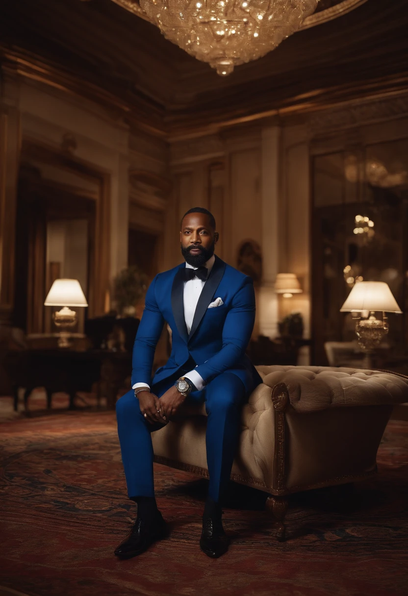 Certamente, refinar ainda mais o pedido para um retrato 8K ultrarrealista de um distinto cavalheiro de cabelos curtos e preto na casa dos 40 anos, com olhos negros penetrantes. He is impeccably dressed in a meticulously tailored royal blue suit, complementado por uma gravata perfeitamente combinando.