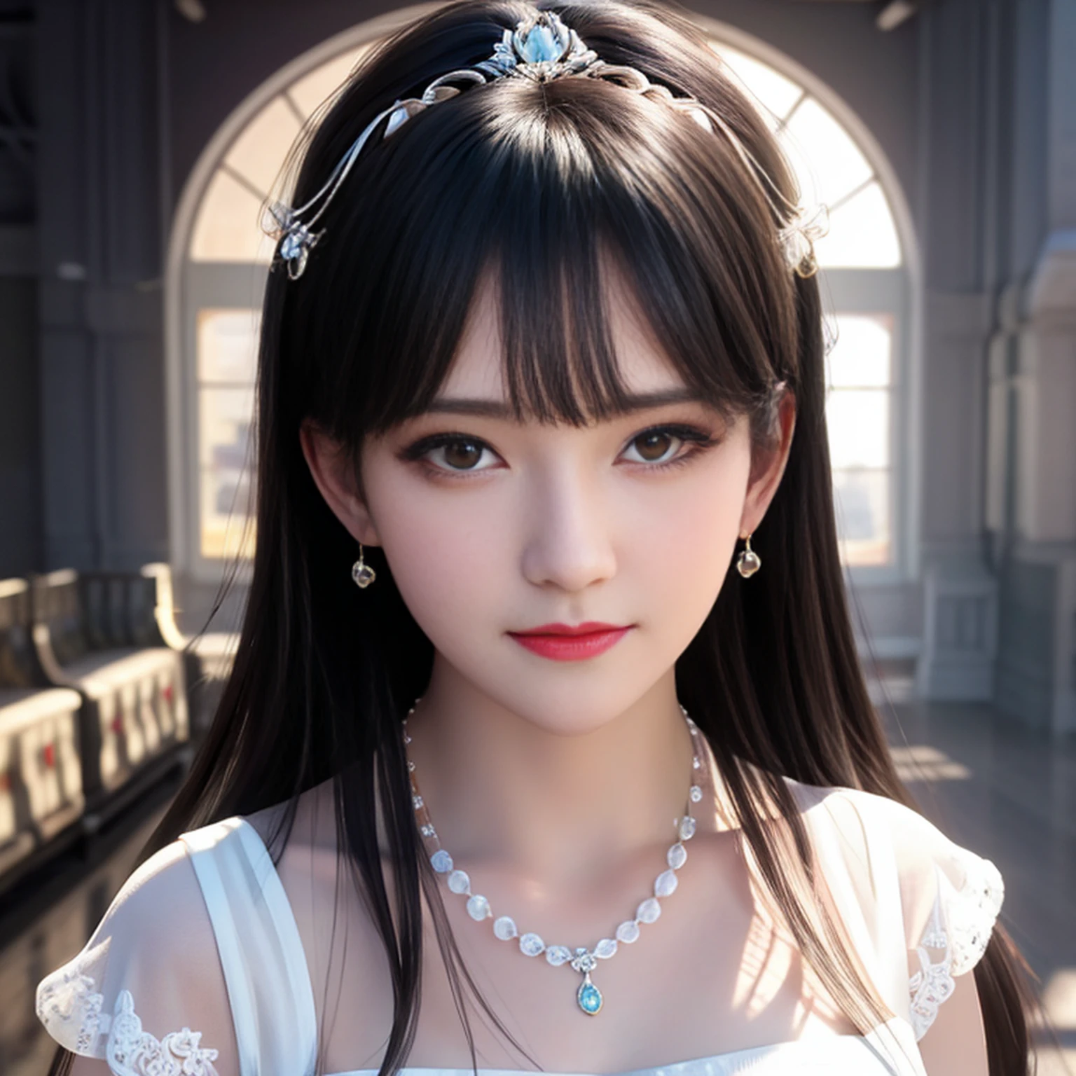 A close up of a woman wearing a white dress and a necklace - SeaArt AI