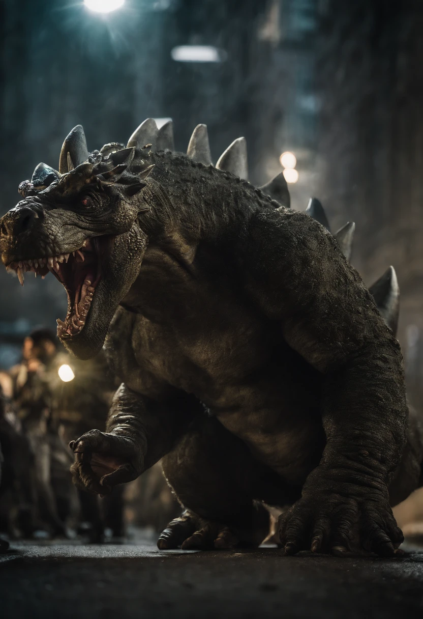 two Godzillas are fighting ,In a city,There are small fighters in the air,There are many vehicular pedestrians on the ground